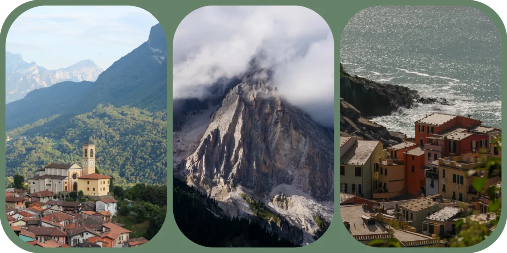 Triptyque horizontal avec trois photos vertical. La première montre une église au sommet d'un village dans les montagnes avec la chaine de montagne en arrière plan. La deuxième image montre le sommet du montagne qui est dans les nuages. La troisième image montre un village avec des maisons colorés (principalement oranges) en bords de mer. 